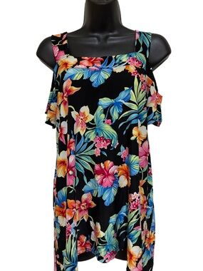 Black Tropical Floral Cold-Shoulder Tunic❤️Like New